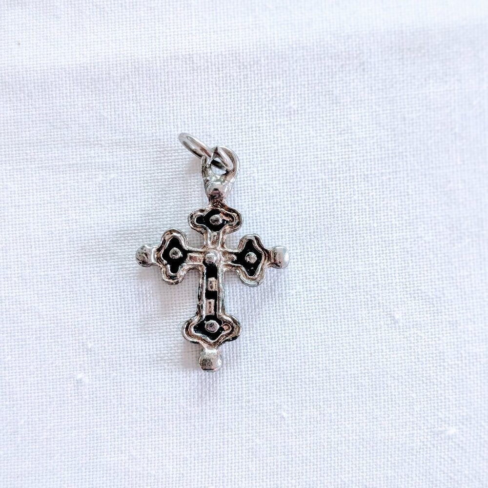 VTG Silver Black Enamel Orthodox Cross Pendant Jesus Christ Charm 2.25”